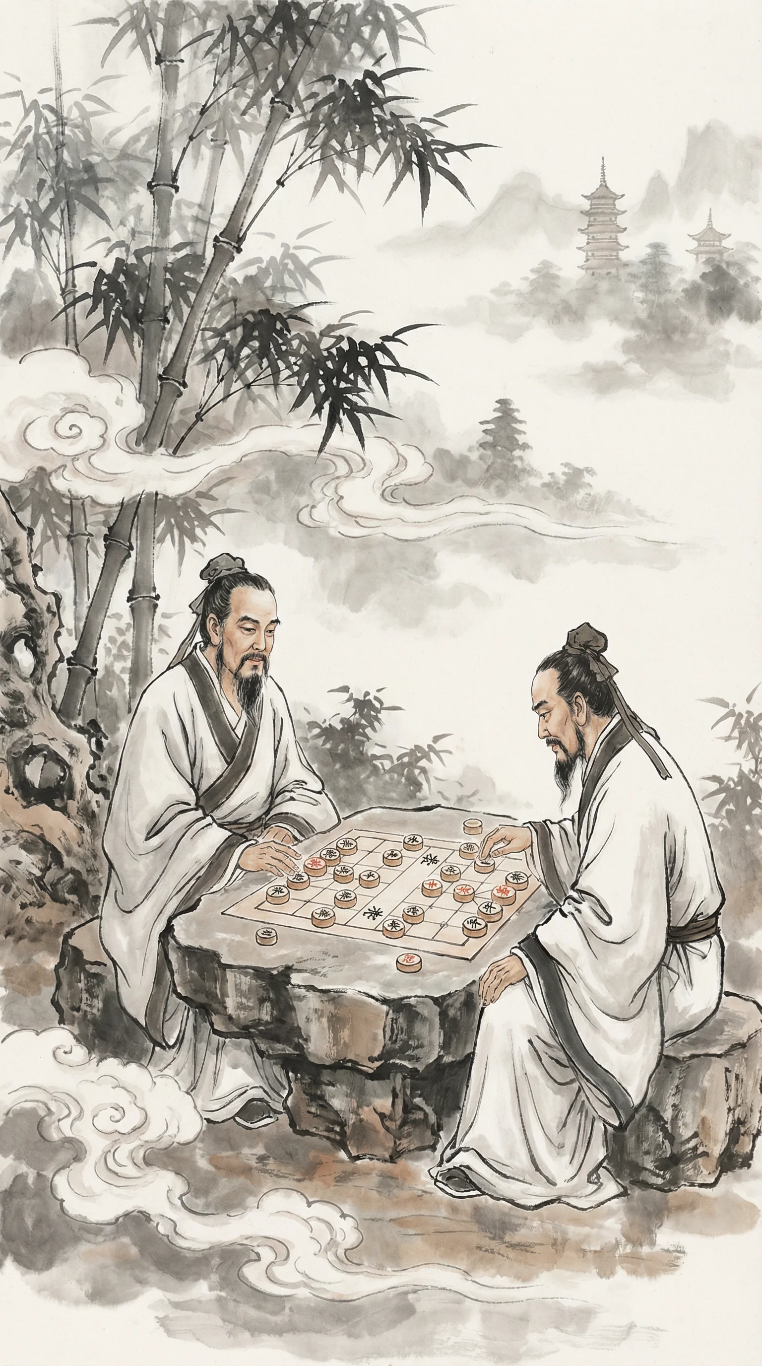 中国象棋水墨竹林对弈场景